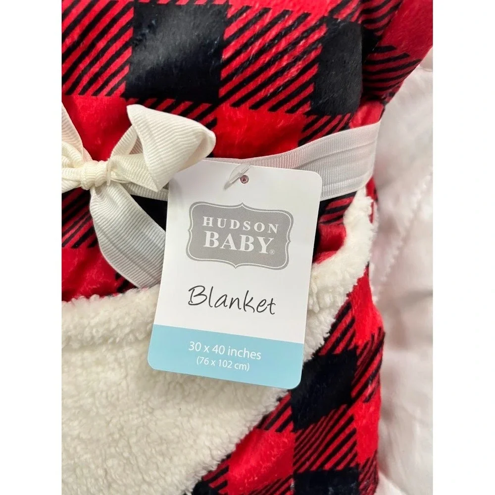 Hudson Baby Red Black Plaid Baby Blanket Beige Sherpa Thick Warm 30x40‎ NWT